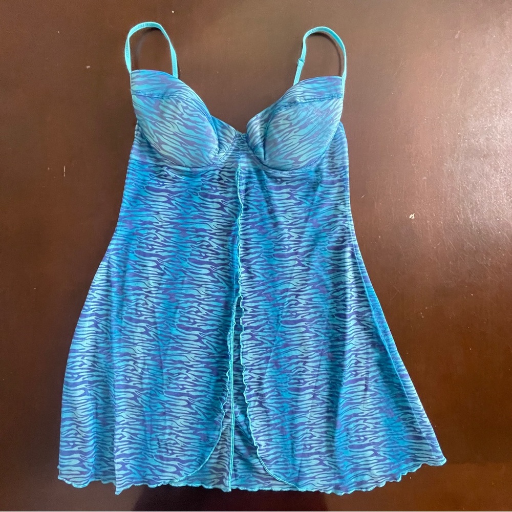 Y2K Babydoll LA SENZA Blue Zebra Damask Mesh Chemise Lingerie Slip SEE MSMTS - Picture 6 of 9